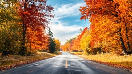 Obraz premium Scenic drive through a countryside with trees in full autumn colors
