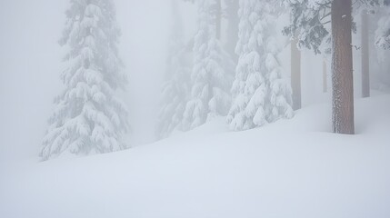 Fototapeta premium Silent Guardians: A row of pines, their trunks dusted with snow, creates a natural boundary. Beyond them lies a world of quiet wonder. Copy space between the trees. 