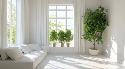 Fototapeta premium a white spacious living room decorated with bushy green home plants