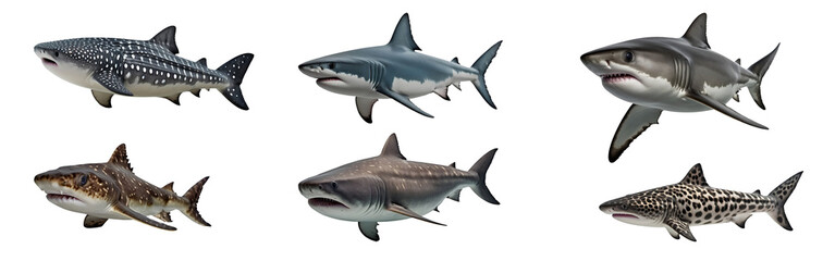 Obraz premium Different types of beautiful sharks species, ocean animal isolated on transparent background. Generative AI