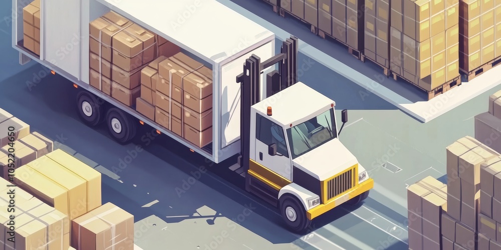 Poster a visual infographic showing a truck being loaded with boxes using a forklift. it highlights deliver