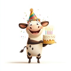 Naklejka premium Cute Cartoon Cow Celebrating with Colorful Party Hat