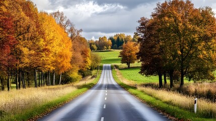 Scenic drive through a countryside with trees in full autumn colors