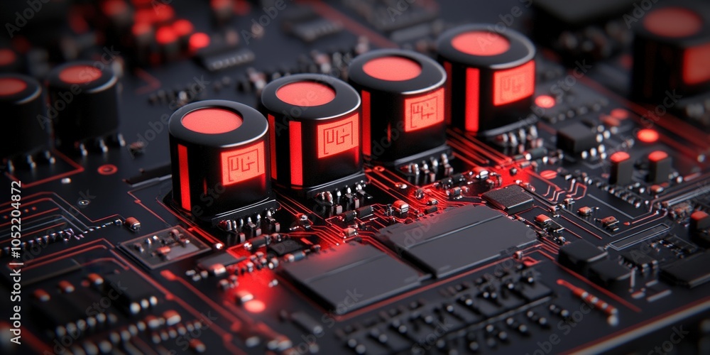 Poster red illuminated microchips on circuit board technology abstract