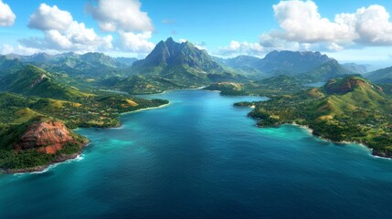 Obraz premium Aerial View of Lush Tropical Island with Blue Lagoon and Mountain Peaks