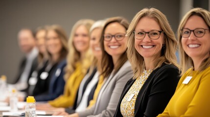 Obraz premium Group of smiling professionals at a conference table.