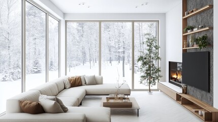 Fototapeta premium A living room blending Japanese, Scandinavian, and Mid-Century Modern styles with family-friendly elements. 