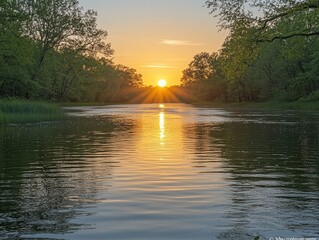 Obraz premium Dusk Glow on Tranquil River, shimmering sunlight dances on still waters, creating a serene and enchanting evening atmosphere