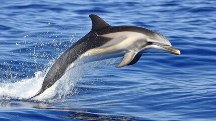 Fototapeta premium A playful dolphin leaping high above the water surface, with the ocean sparkling in the morning light