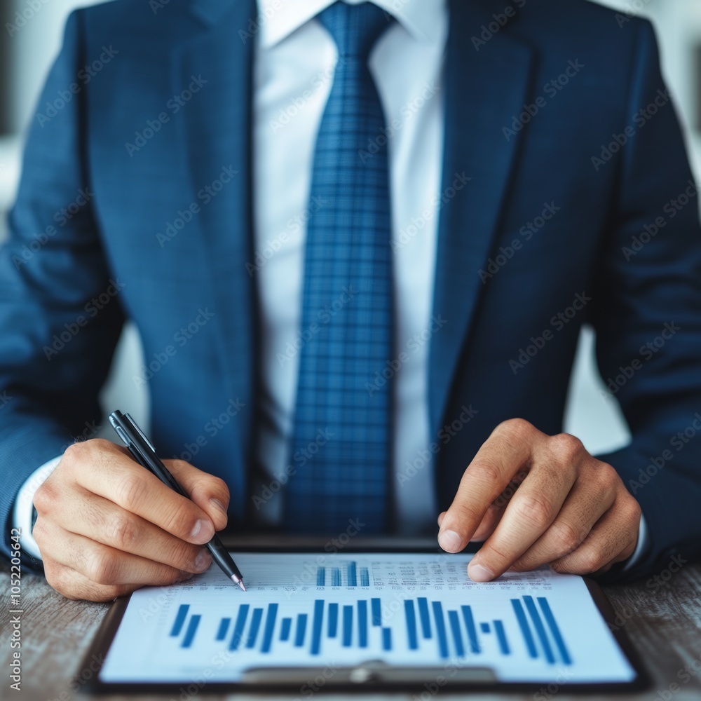 Wall mural a businessman analyzing data on a tablet with graphs and charts.