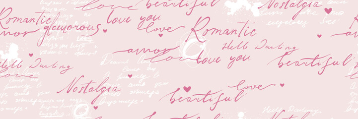 Love pink seamless pattern, vector romantic handwriting scribble texture vintage Valentine Day print. Wedding calligraphy ink wrapping paper, retro letter decorative repeat wallpaper. Love pattern art