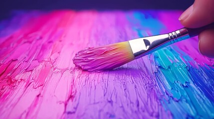 Fototapeta premium Closeup of Paintbrush on Colorful Abstract Canvas