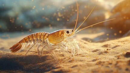 A single shrimp on a sandy ocean bed, with antennae raised, capturing a moment in its natural environment