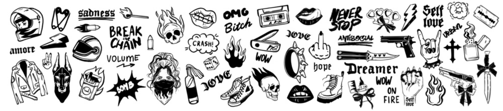 Street art urban sticker set, vector hand drawn punk rock tattoo, funky rebel aggressive sign, skull. Grunge scribble insignia lettering, music groovy print, girl lips, fire flames, boots. Street art