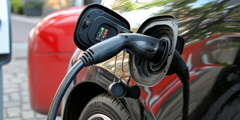 An electric car is plugged into a charging station. The charger handle is close up and the car is being recharged.