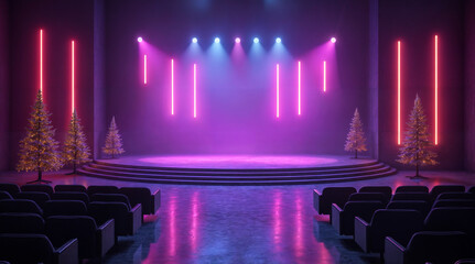 A vibrant backdrop with glowing purple and pink lights, creating a dynamic, disco-inspired scene