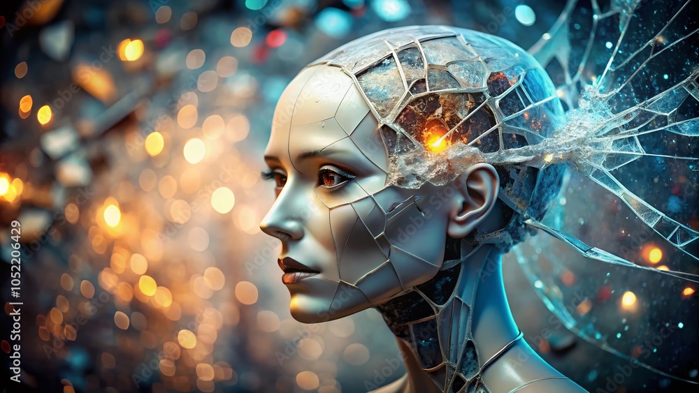 Poster x-ray of destroyed mannequin head with bokeh effect for unique visuals and creative concepts