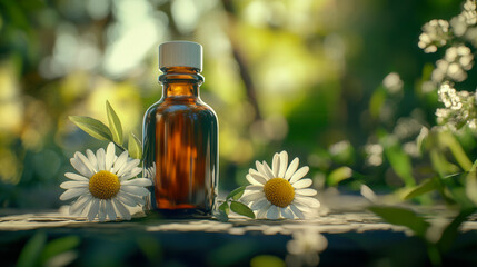Tincture of medicinal herbs in a small bottle, with daisy flower on side