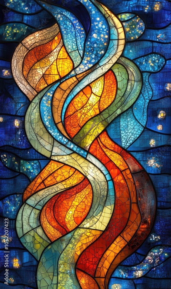 Poster vibrant stained glass window capturing the fluid movement of colors in an artistic display of light 