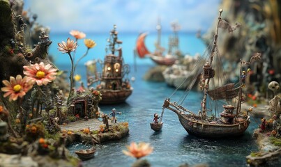 Miniature ship and sailors on a fantastical island.