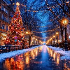 Christmas and New Year. Shop windows and cafes sparkle with festive illumination.
