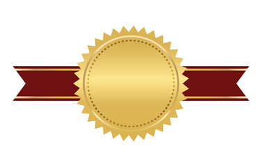 Golden seal with horizontal ribbons isolated on white background vector illustration. Gold award medal, Golden stamp with ribbons isolated on white. Luxury seal. Winner, Trophy, Top Quality concept.