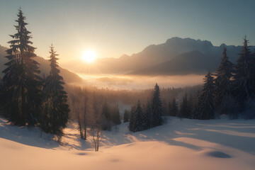 winter coniferous forest covered with snow in evening. AI generative.