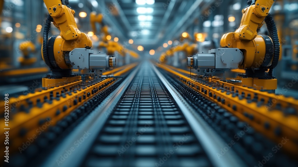 Poster industrial robots in a factory setting, focused on automation.