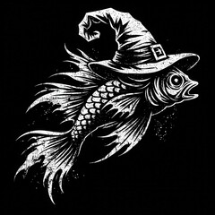 Obraz premium A whimsical illustration of a fish wearing a witch's hat, featuring flowing fins and a bold design, set against a dark background.