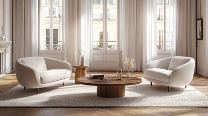 This elegant lounge is designed with curvy white sofas, a round wooden table, and large windows revealing urban city views.