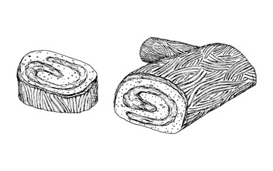 A festive yule log cake, buche de Noel, Christmas holiday meal featuring, sliced rolled pastrie. A detailed black and white hand drawn ink vector illustration.