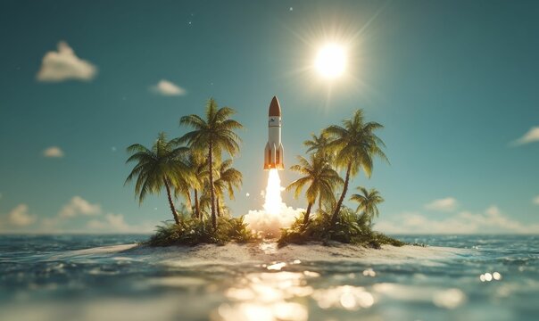 Rocket launching from tropical island.
