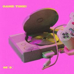 Poster. Contemporary art collage. Game time. Vintage video game console with controller and open...