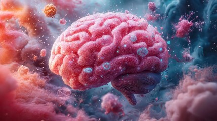 Obraz premium intricate 3d render of a human brain surrounded by symbolic icons, representing thoughts, knowledge, and the complexities of human cognition in a vibrant and colorful design