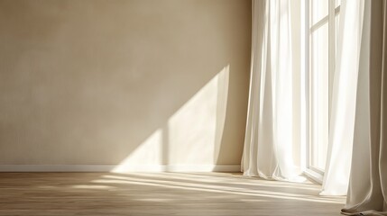 A serene empty room with minimalist design, featuring streaming sunlight through a window onto a wooden floor, highlighting tranquility.