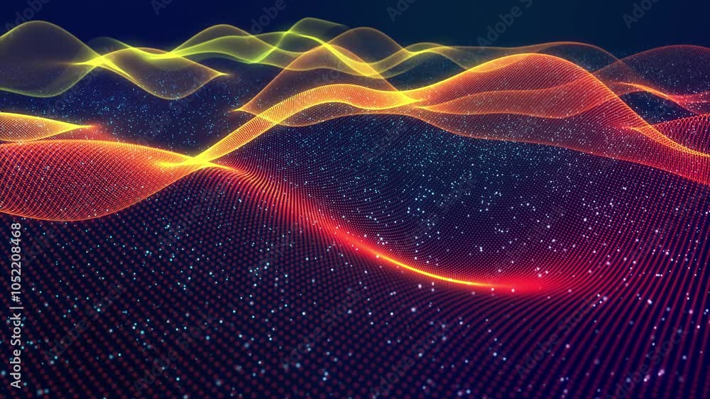 Poster red yellow neon particles. smooth looped animation. glowing particles form a surface over with waves