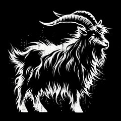 Obraz premium A stylized black and white illustration of a shaggy goat with prominent horns, showcasing its unique fur texture and silhouette.