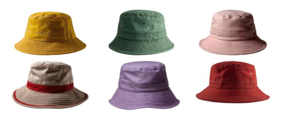Set of various beautiful outdoor summer bucket hats in different colours isolated on transparent background. Generative AI