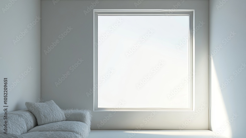 Poster a minimalist space featuring a plush white sofa and a large window, designed to enhance tranquility 