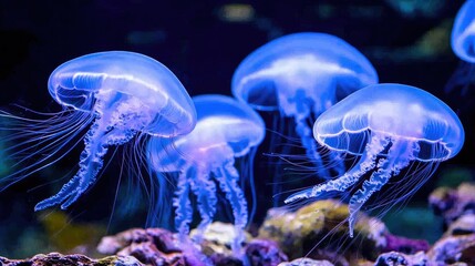 Transparent jellyfish glowing in a dark aquarium tank, their bioluminescent bodies creating a mystical effect