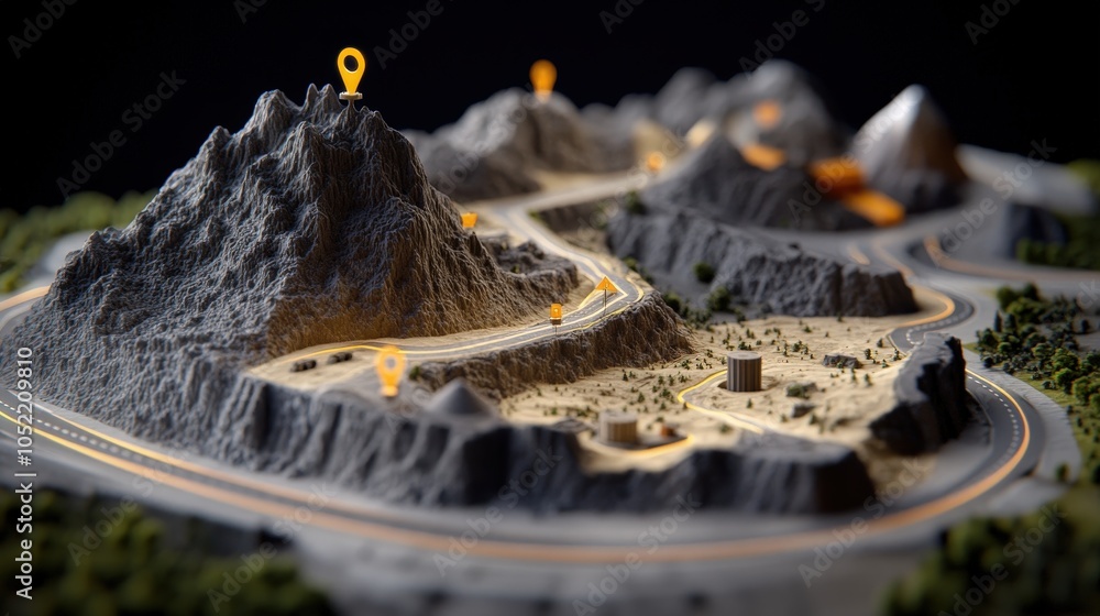 Poster 3d mountain road map with navigation pins and winding path