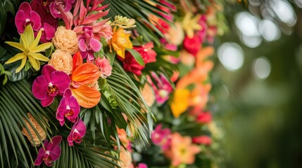 Tropical wedding backdrop with palm leaves, orchids, and colorful exotic flowers set against a sunset-inspired background