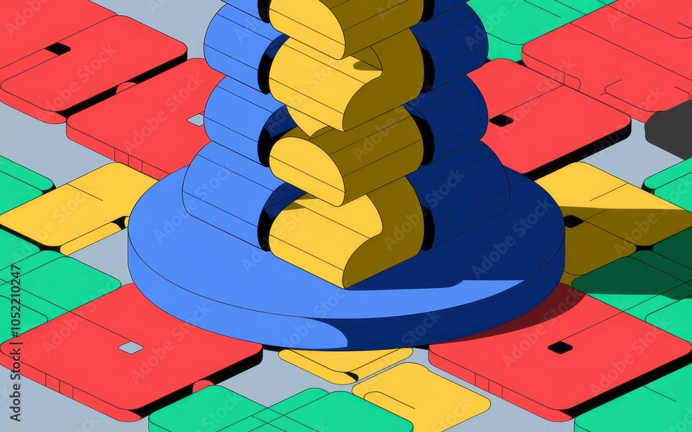 Poster abstract colorful blocks design. vibrant 3d blocks forming a unique structure; symbolizes innovation