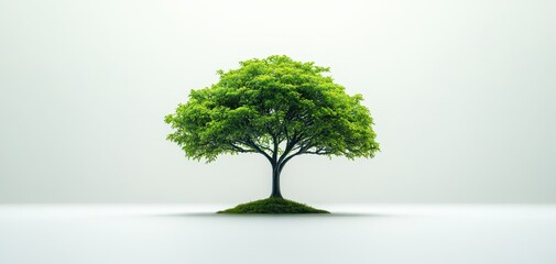 Obraz premium A lush green tree with a broad canopy standing isolated against a white background, symbolizing nature, growth, and tranquility.