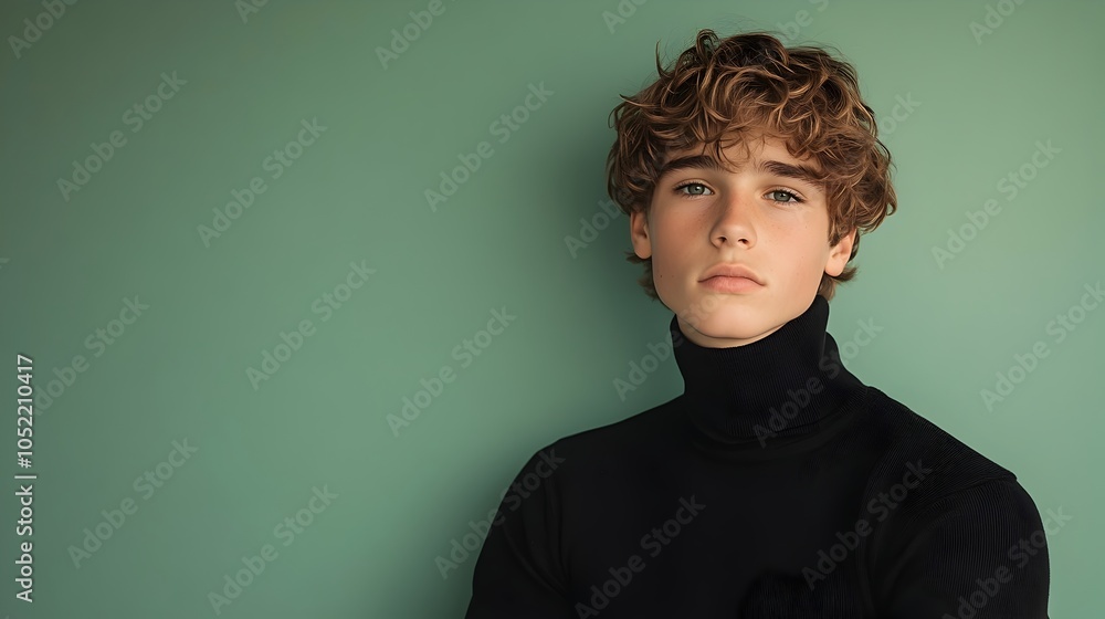 Poster a pensive teenage boy dressed in a minimalist black turtleneck and trousers stands against a sage gr