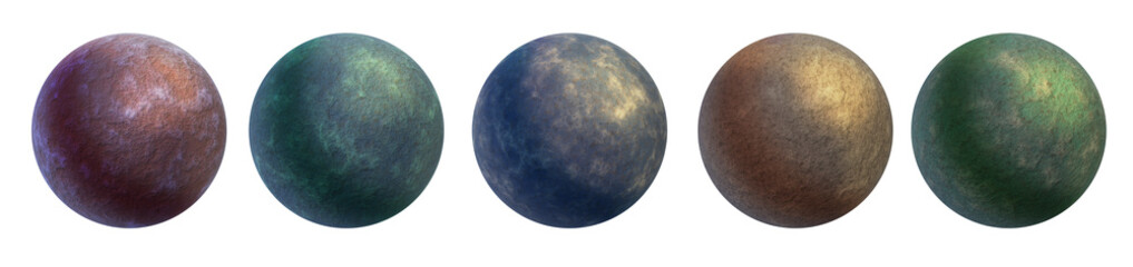 3D planet icon set, sci-fi moon space alien illustration, realistic red, yellow, blue globe render. Fantasy cosmos texture sphere, astronomy futuristic design object. Round 3D planet universe clipart