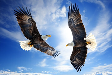 Obraz premium A shot of a bald eagle perched on a rocky cliff, overlooking a sweeping mountain range. 