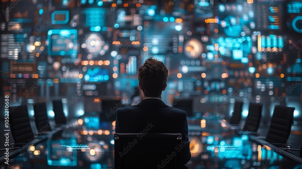 Poster ai ethics consultant analyzing data visualization in high-tech conference room.