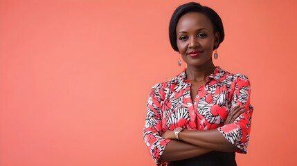 Portrait of a confident and determined middle aged Kenyan woman wearing a professional blouse and skirt posing against a plain coral studio background with copy space above