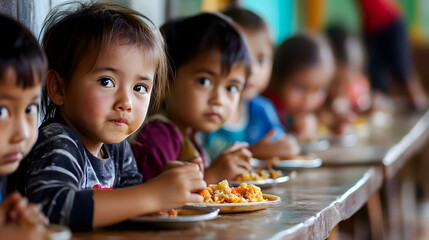 A group of children are eating at a table